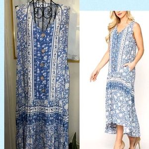 LOVE KUZA "FLORAL BUTTON FRONT SLEEVELESS HI/LOW DRESS~BLUE/WHITE~RUFFLED~MEDIUM